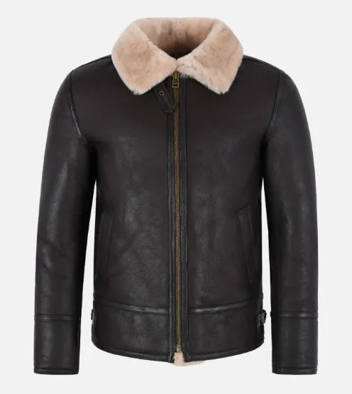 Warm, Stylish & Durable Men's RAFB3 Bomber Leather Jackets Beige SheepSkin Shearling Fur Flying Coat For Winter Black