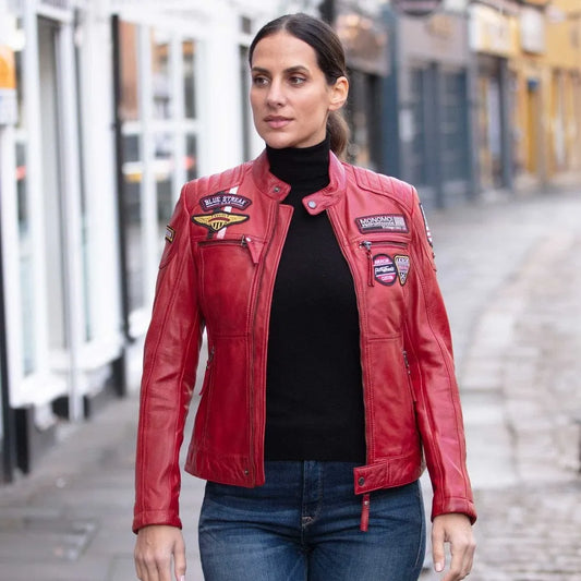 Red Women's Motorbike Racing Biker Cowhide Leather Jacket Handmade For Motorcycle Riders CE Armored